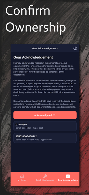 PPE Mobile Gear Acknowledgement screen for confirming ownership of issued gear