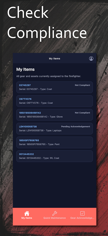 PPE Mobile My Items screen showing compliance status of assigned gear